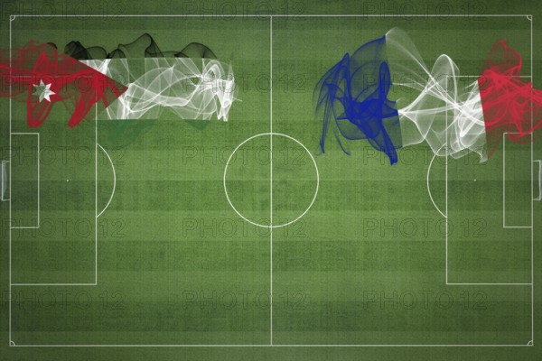Jordan vs France Soccer Match, national colors, national flags, soccer field, football game, Competition concept, Copy space