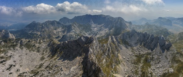 Aerial panorama view of Bobotov Kuk and other mountains in park Durmitor, Montenegro, Europe
