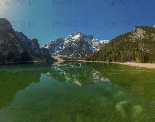 Lago di Braies and mountains, Lake Braies in Dolomite Alps, South Tyrol, Italy, Europe