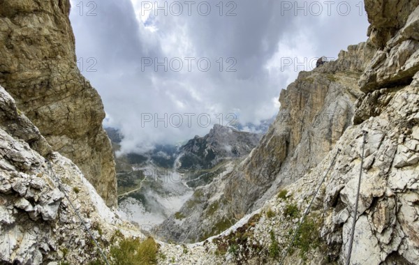 Adventurous hike up to mount Lagazuoi in the Dolomite Alps, autonomous pronvince of South Tirol in Italy