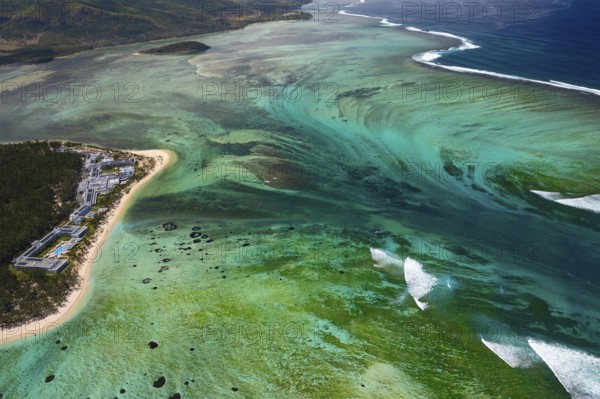 Underwater waterfall, optical illusion, natural phenomenon, aerial view, reef, coral reef, fringing reef, Le Morne Brabant, south coast, Indian Ocean, island, Mauritius, Africa