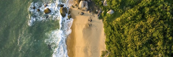 Balneario Camboriu in Santa Catarina. Taquaras Beach and Laranjeiras Beach in Balneario Camboriu. Aerial view in landscape. Brazil