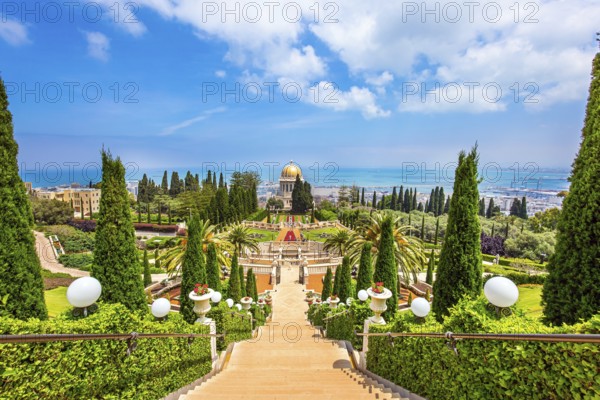 Bahai World Center. The descent to the Mediterranean Sea. Magnificent colonnade with a gilded dome on the Mount Carmel. Pilgrimage center and popular tourist destination. Haifa, Israel, Asia