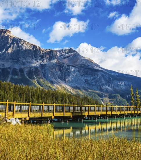 Yoho National Park, Rocky Mountains, British Columbia. Wooden bridge over Emerald Lake