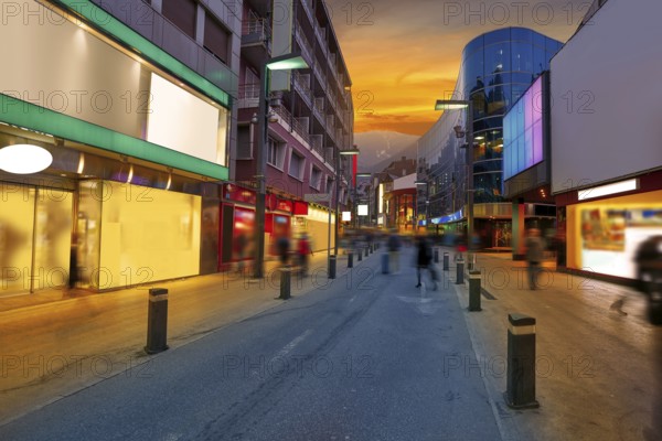 Andorra la Vella commercial area sunset street in Pyrenees