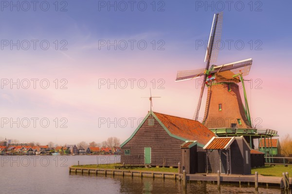 Zaanse Schans, Netherlands pink sunset panoramic view of windmills and lake in traditional village in Holland