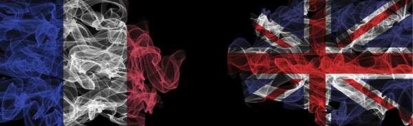 Flags of France and United Kingdom on Black background, France vs United Kingdom Smoke Flags