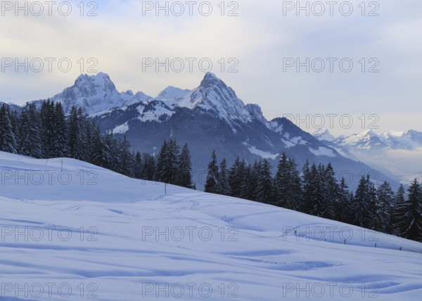 Winter evening in the Saanenland Valley, Switzerland, Europe