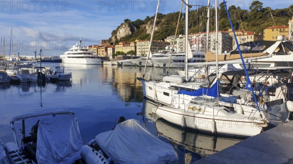 Idyllic summer: port of Lympia (harbour) : sailboats and yachts in Nice on French Riviera at summer. Recreation in Sothern Europe concept