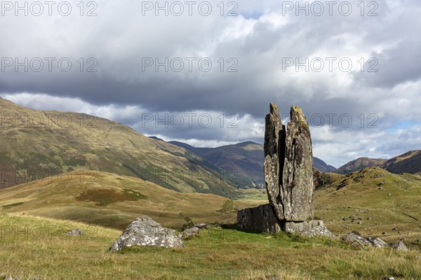 Fionn's Rock, also Praying Hands of Mary, according to legend split by Celt Fingal, also Fionn mac Cumhaill, rock formation, Aberfeldy, Highlands, Scotland, Great Britain