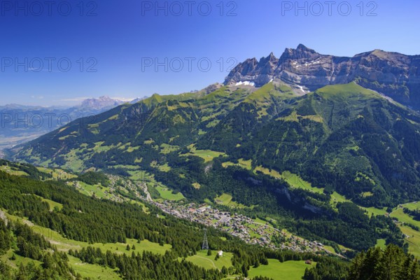View of Champéry in summer, a town in Alps in Switzerland
