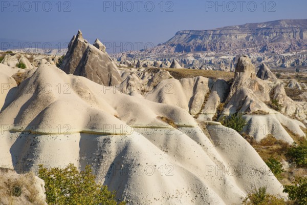 Rock formations of mountain ridges, valleys and pinnacles at Göreme National Park, Cappadocia, Turkey, Asia