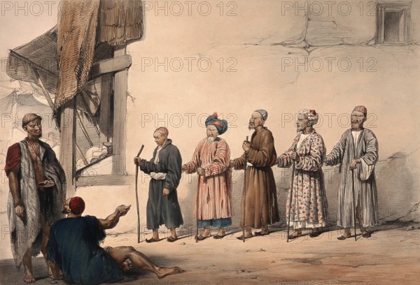 A 'kuttar' or line of blind beggars in a row, two other men in discussion, Kabul, Afghanistan. Coloured lithograph after L.W. Hart, 1843., Hart, Lockyer Willis, active 1843