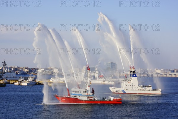 Fire fighting vessels to the water discharge training. Shooting Location: Yokohama-city kanagawa prefecture