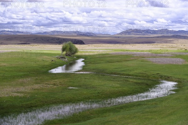 Mongolian landscape with mountain steppe and river. Western Mongolia
