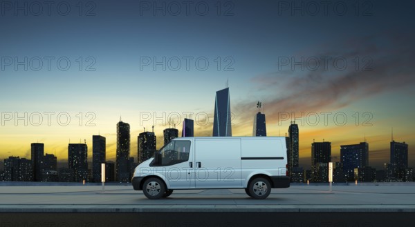 Delivery van park on a city roadside at sunrise in front of a modern cityscape. 3d illustration