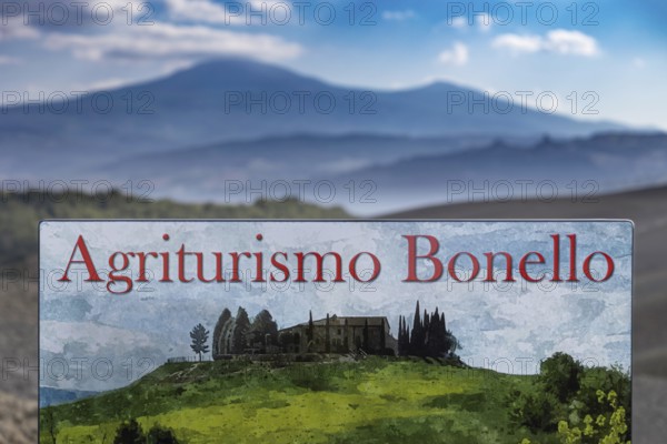 Agriturismo Bonello sign in a picturesque landscape with green meadows and mountains in the background, symbolic image, Val d'Orcia, Province of Siena, Tuscany, Italy, Europe
