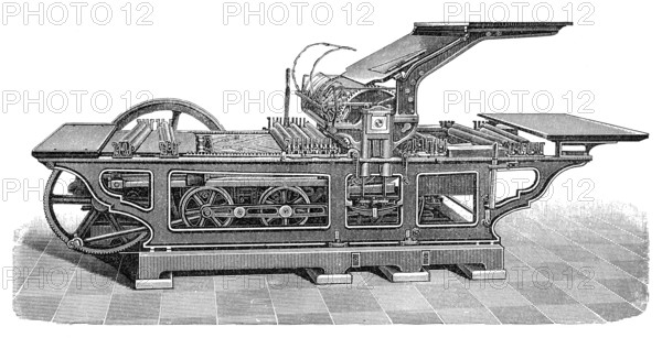 Historical illustration, 19th Century, Industrial Collotype printing press, Druckmaschine, Schnellpresse für Lichtdruck, historische Zeichnung, 19. Jahrhundert