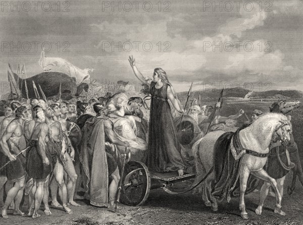 Boudica, Königin des britischen keltischen Stammes der Iceni, die sich gegen die Besatzungstruppen des Römischen Reiches auflehnen