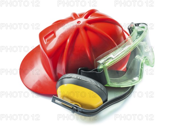 Construction tools red helmet yellow headphones and green goggles isolated on white background