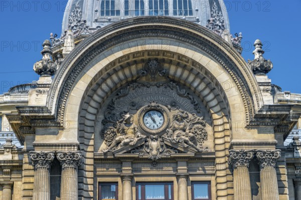 Palace of the Deposits and Consignments building in Bucharest, Romania. CEC Palace on a sunny summer day with a blue sky in Bucharest, Romania, Europe