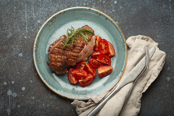 Delicious roasted duck breast fillet with golden crispy skin, with pepper and rosemary, top view on ceramic blue plate served with cherry tomatoes salad, rustic concrete rustic background, food photography, food photography