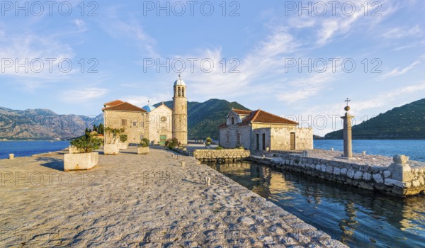 Church of Our Lady on island near Perast at sunset, Montenegro, Europe