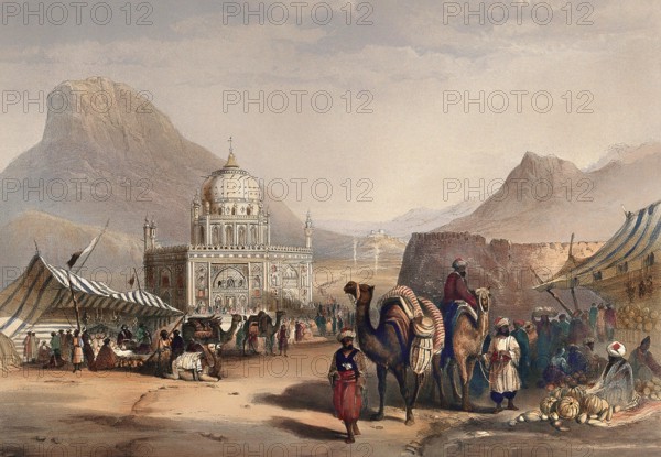 Open-air market outside the temple of Shah Ahmed, Kandahar, Afghanistan. Coloured lithograph by R. Carrick after Lieutenant James Rattray, c. 1847
