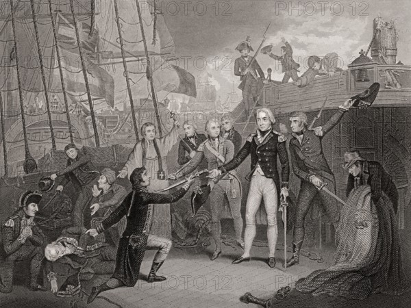 Admiral Horatio Nelson receiving the Spanish Admiral's sword, Battle of Cape St. Vincent, 1797