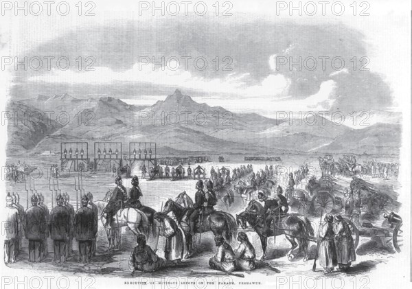 Military and mutiny, execution of mutinous sepoys on the parade, Peshawar, Pakistan, Asia