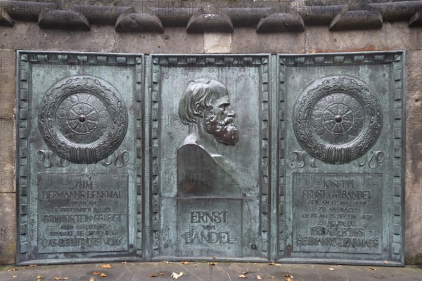 Detmold, Hermannsdenkmal, built 1838 - 1875 according to designs by Ernst von Bandel and inaugurated on 16 August 1875, commemorative plaque