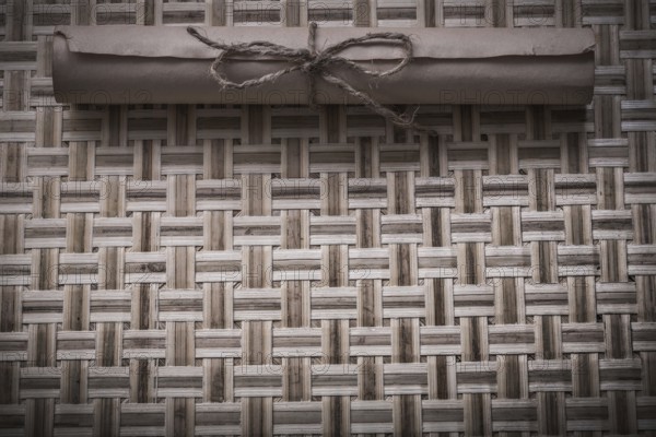 Vintage rolled document with string on wicker wooden mat