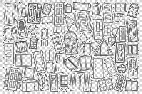 Windows and doors doodle set. Collection of and drawn sketches templates patterns of different size window frames and entrances of buildings on transparent background. Architecture and outdoor design