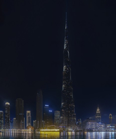 A picture of the iconic Burj Khalifa, and the surrounding Downtown Dubai buildings and Burj Khalifa Lake, at night