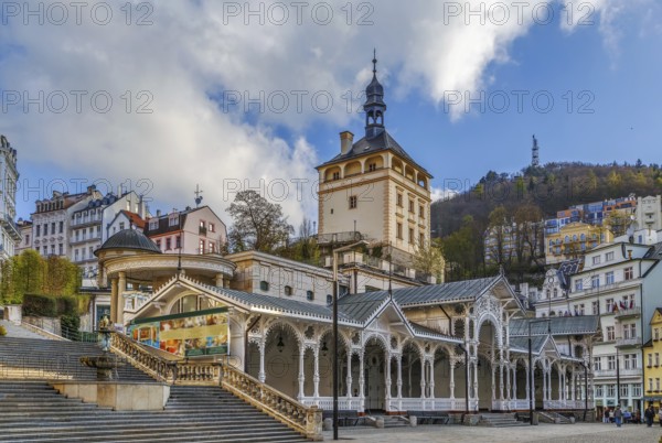 Castle Tower and Market Colonnade in the historical center of Karlovy Vary, Czech republic
