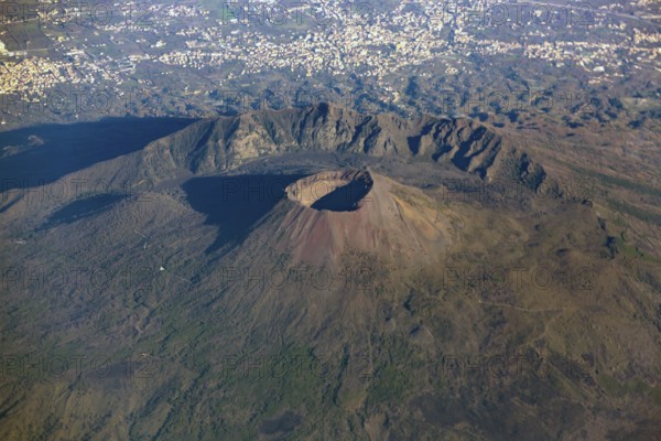 Italy volcano Vesuvius seen from above. Mount Vesuvius is a somma-stratovolcano located on the Gulf of Naples in Campania, Italy, Europe