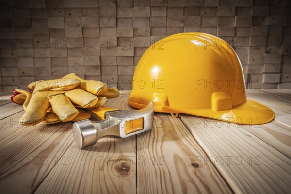Construction Safety Tools And Workwear. Yellow Helmet Claw Hammer Leather Gloves. Wooden Beams Stack