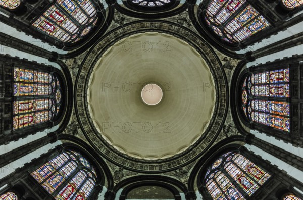 Schaerbeek, Brussels/ Belgium, 08 14 2018: Ceiling and decorated walls of the Saint Mary Royal church
