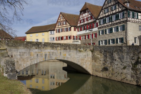 View from Grasbödele to half-timbered houses, half-timbered house, half-timbered, medieval, old town, Kocher valley, Kocher, Schwäbisch Hall, Hohenlohe, Germany, Europe