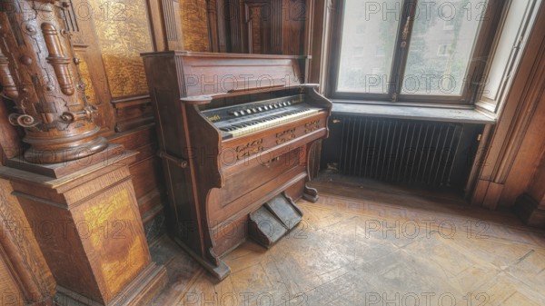 Antique wooden organ in a room with historic architecture and natural light, Villa Woodstock, Lost Place, Brill, Wuppertal, North Rhine-Westphalia, Germany, Europe