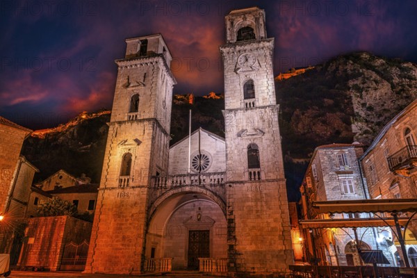 Dramatic sky over Saint Tryphon Cathedral in Kotor, Montenegro, Europe