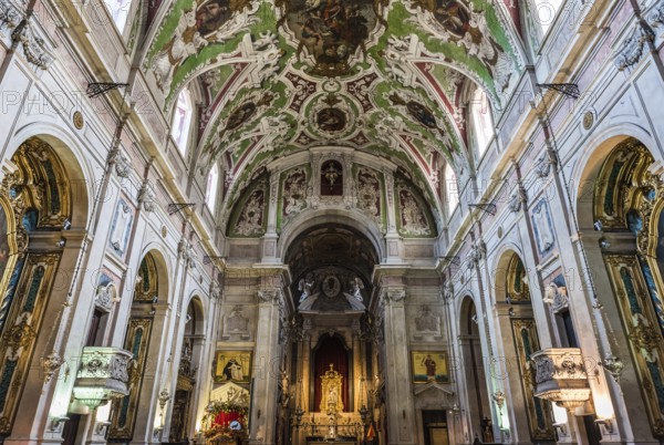 Lisbon, Portugal, 12 28 2018: Decorated interior design of a colorful roman church in old town, Europe