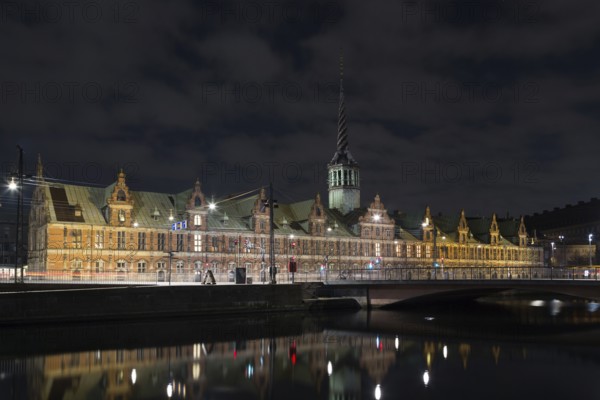 Copenhagen, Denmark, March 22, 2016: The Copenhagen stock exchange building by night, Europe