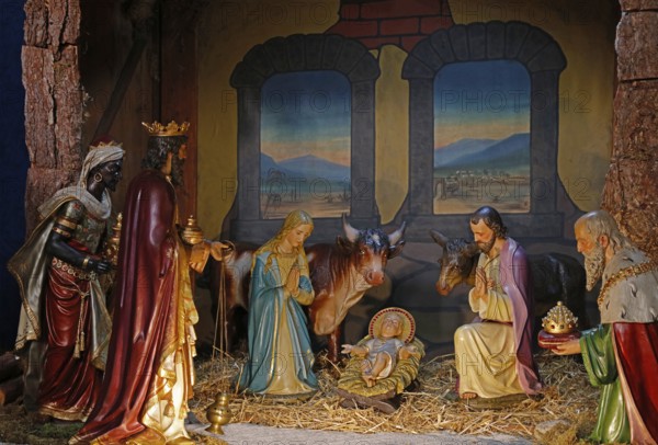 Christmas cot, Holy Family, Three Wise Men, Parish Church of St Peter and Paul, Dieburg, Hesse, Germany, Europe