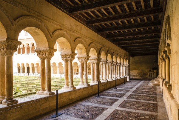 Santo Domingo de Silos, Spain, April 16, 2019: The cloister of Santo Domingo de Silos Abbey. It is a Benedictine monastery and a masterpiece of Romanesque art, Europe
