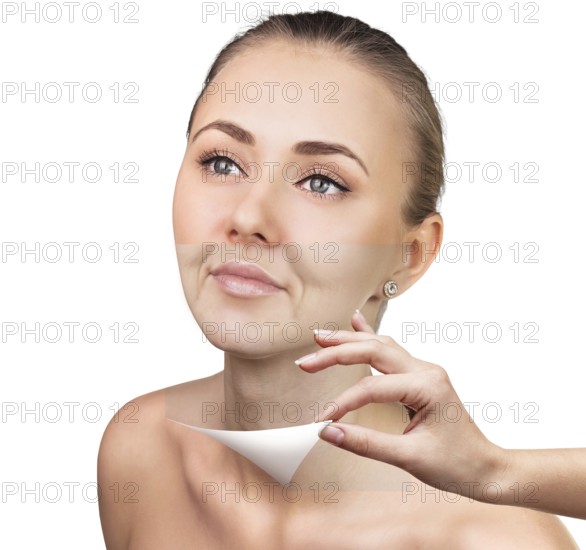 Old and young woman, isolated on white, before and after retouch, beauty treatment, skin care concept