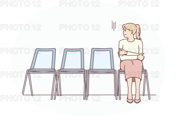 Anxious young woman sit on chair in corridor waiting or appointment. Stressed female feel worried wait in line in hallway. Vector illustration