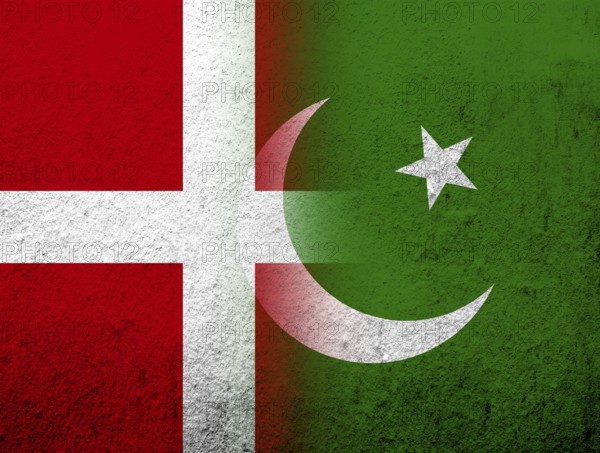 The Kingdom of Denmark National flag with Islamic Republic of Pakistan National flag. Grunge Background