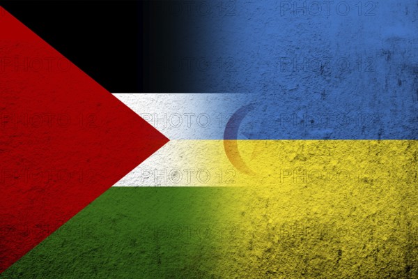 The Sahrawi Arab Democratic Republic Western Sahara national flag with National flag of Ukraine. Grunge background