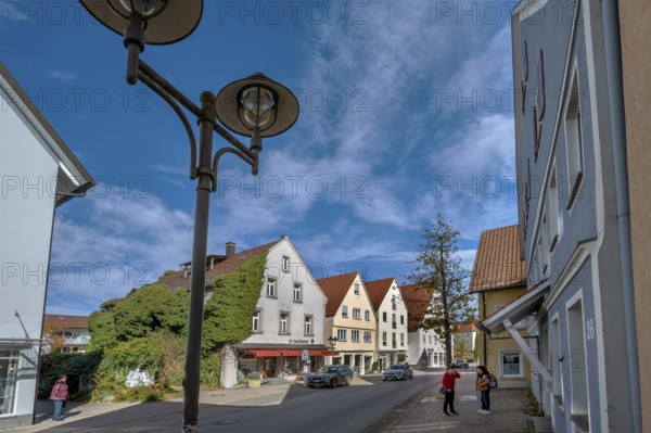 Pointed gable houses and street lantern in Marktstraße, Bad Wurzach, Allgäu, Baden-Württemberg, Germany, Europe